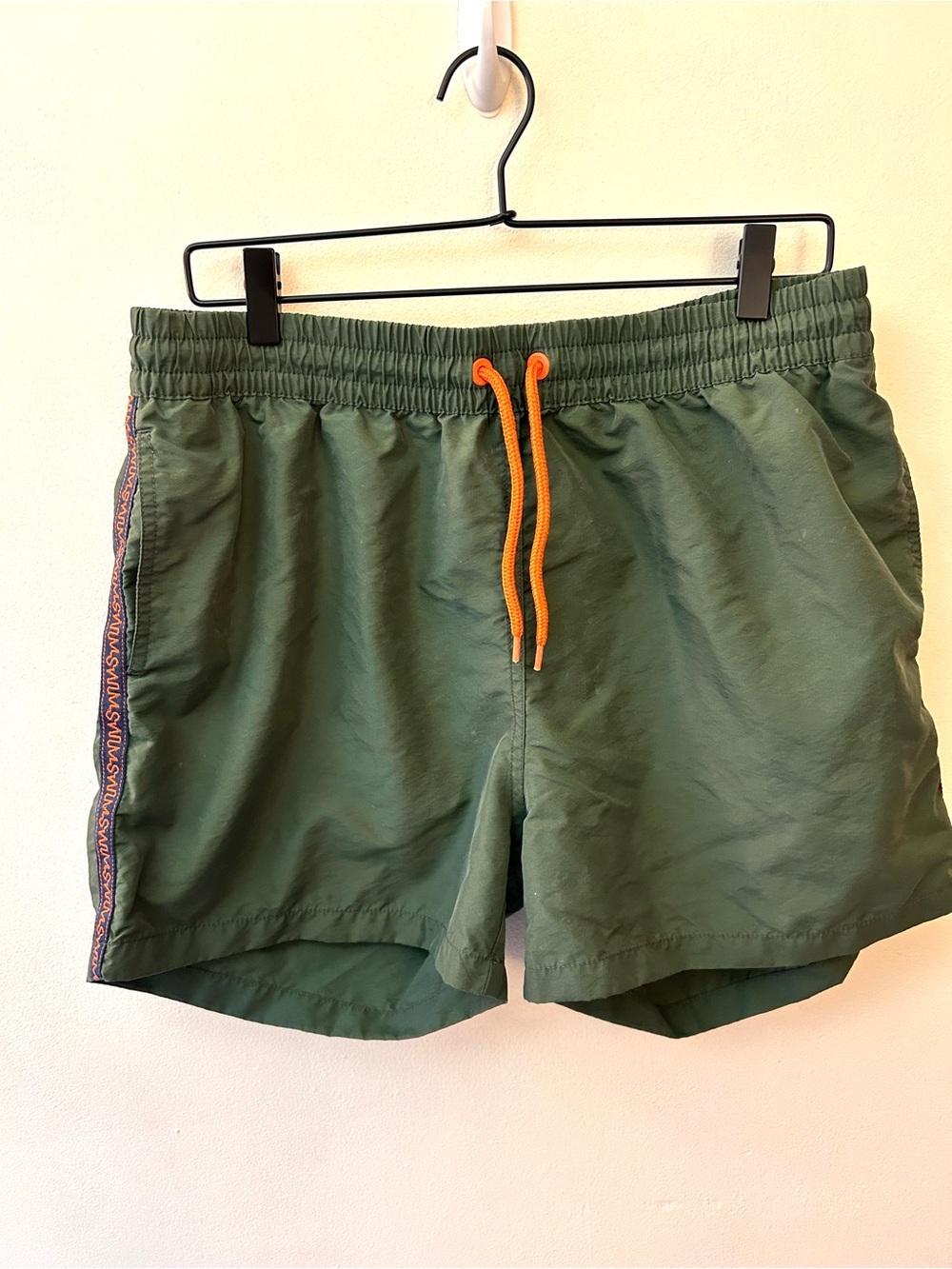 Swims SWMS army green swim trunks with orange accents and 4 inch inseam size XL